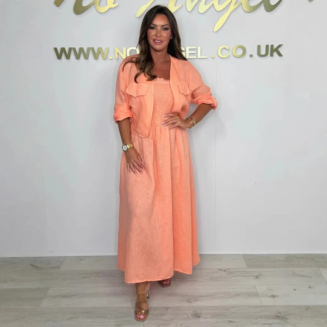 Spring Summer Casual Dress Set Women Elegant Office Lady Cardigan Short Jacket Strap Elastic Cotton Linen Dress 2 Piece Outfit 250606