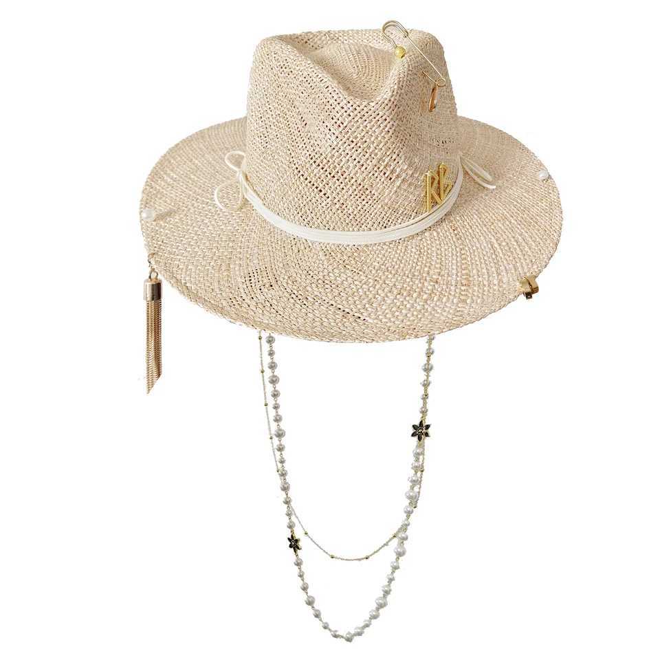 Metal Letter Beige Straw Hat Handmade Design Hat Pearl Chain Summer Sun Hat New Letter Hat Beach Women Gorras para Hombres W250609
