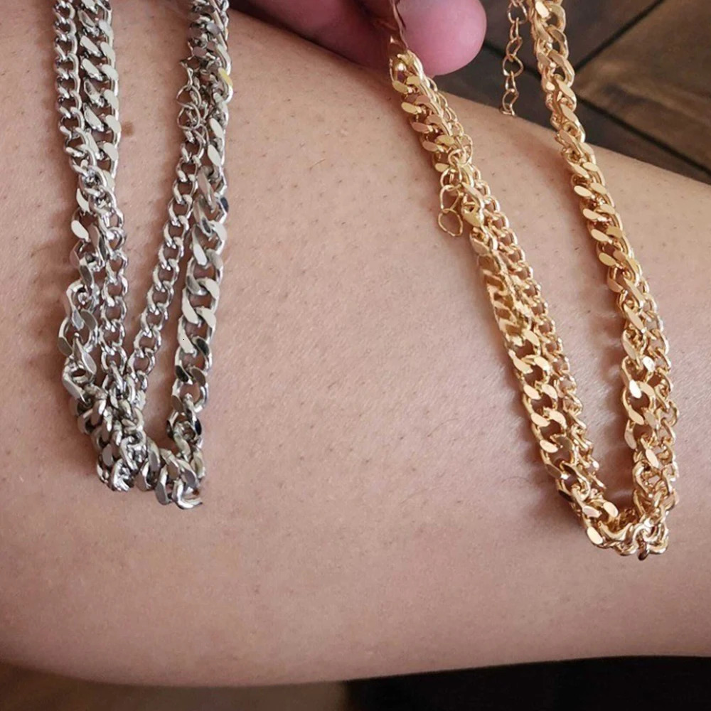 2PCS Simple Thick Thin Minimalist Gold Color Metal Chain Anklet Set for Women Casual Ankle Bracelet on Foot Jewelry Accessories 250528