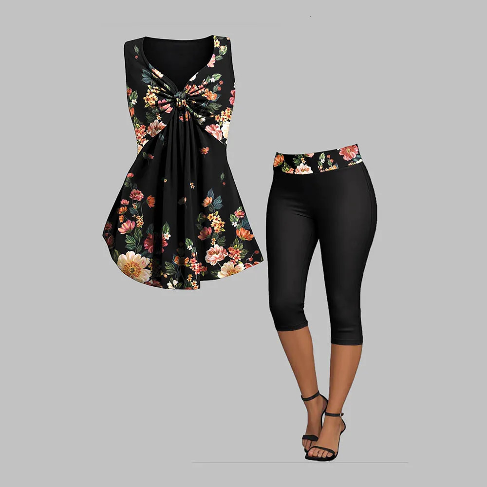 Floral Printed Casual Women Plus Size TwoPiece Set Knotted Ruched Vneck Sleeveless Summer Vest Tee And Slim Yoga 5Point Pants 250603