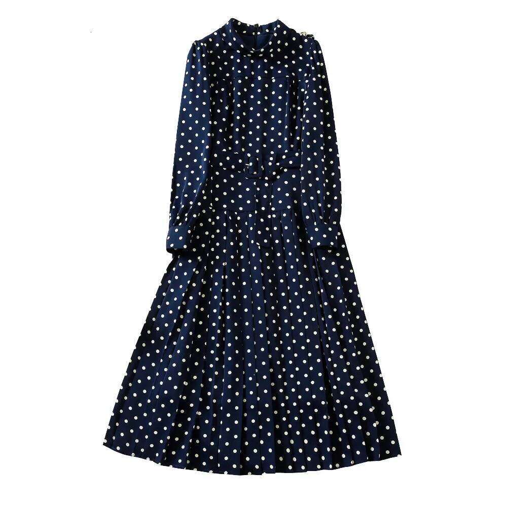 Elegant Fitted Dress Round Neck Long Sleeve Blue Polka Dot Waist-Fitted Women's Clothing New Arrival Spring Summer