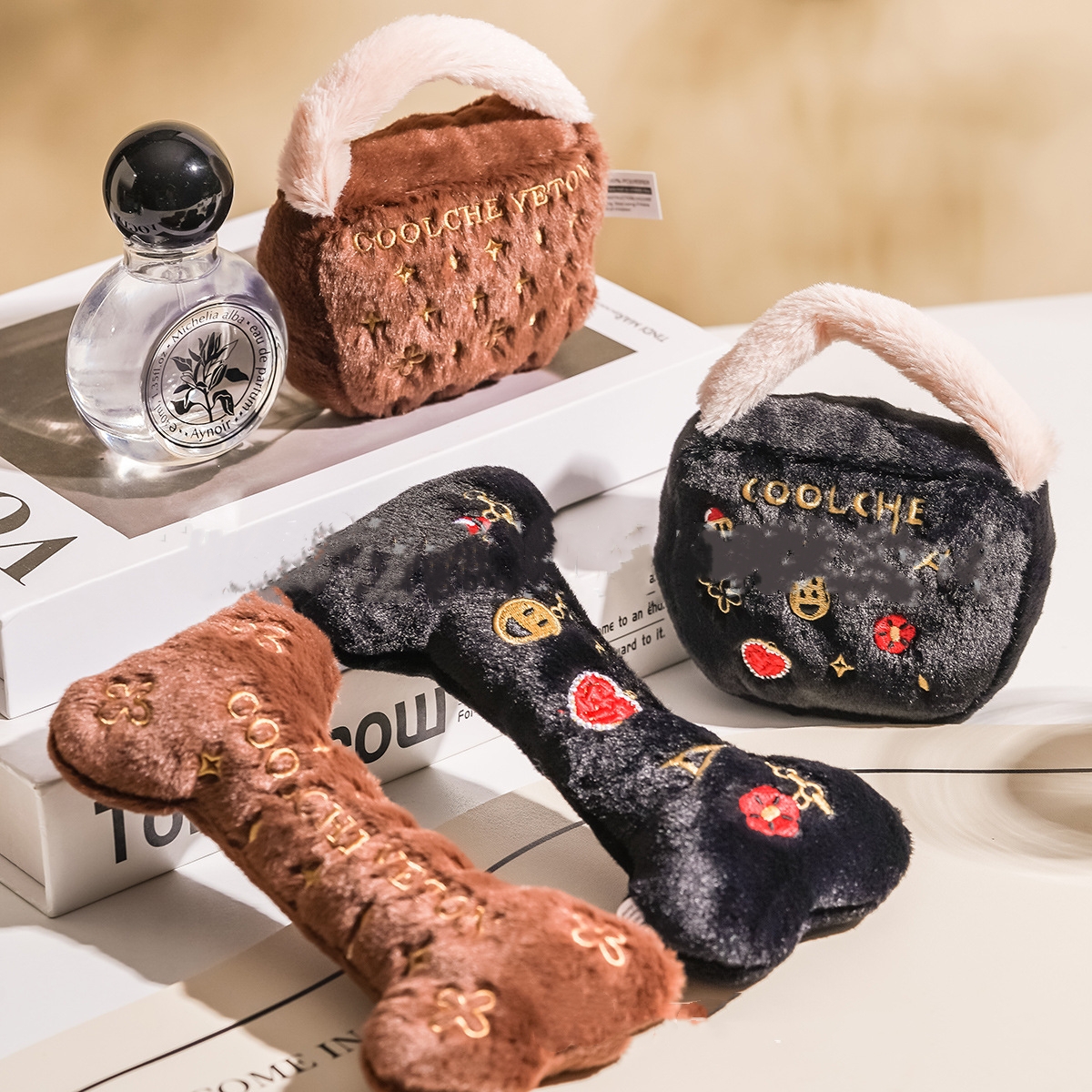 Lanjia Exquisite Embroidery Chewy Bone Handbag Plush Funny Parody Dog Toys With Interactive Squeaker Stimulating Pet Enrichment Safe Materials For All