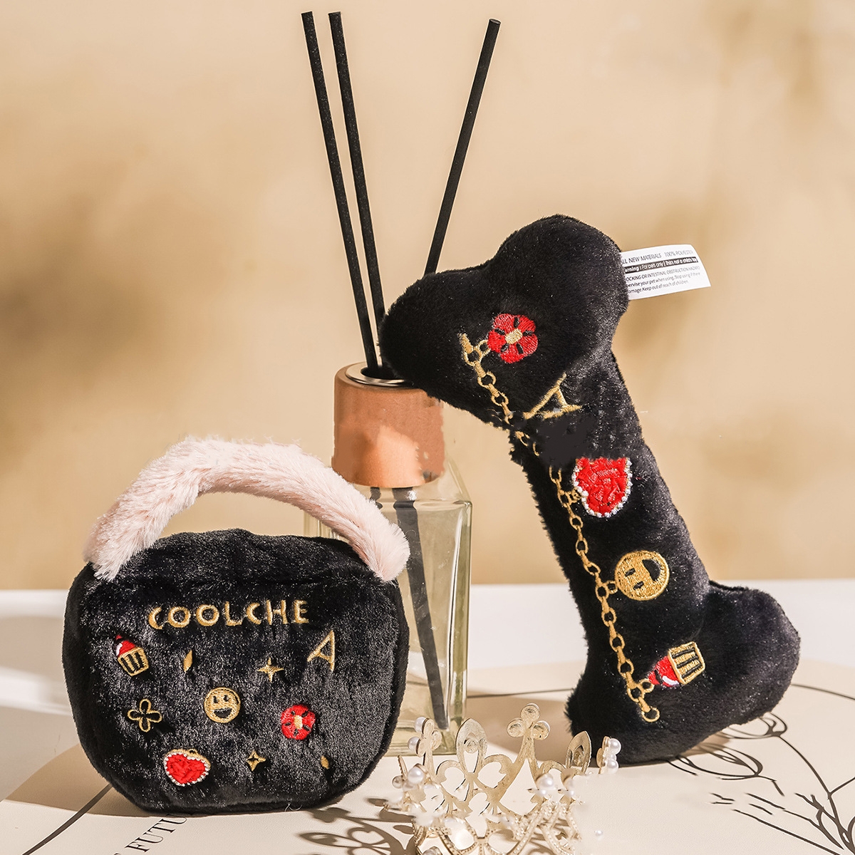 Lanjia Exquisite Embroidery Chewy Bone Handbag Plush Funny Parody Dog Toys With Interactive Squeaker Stimulating Pet Enrichment Safe Materials For All