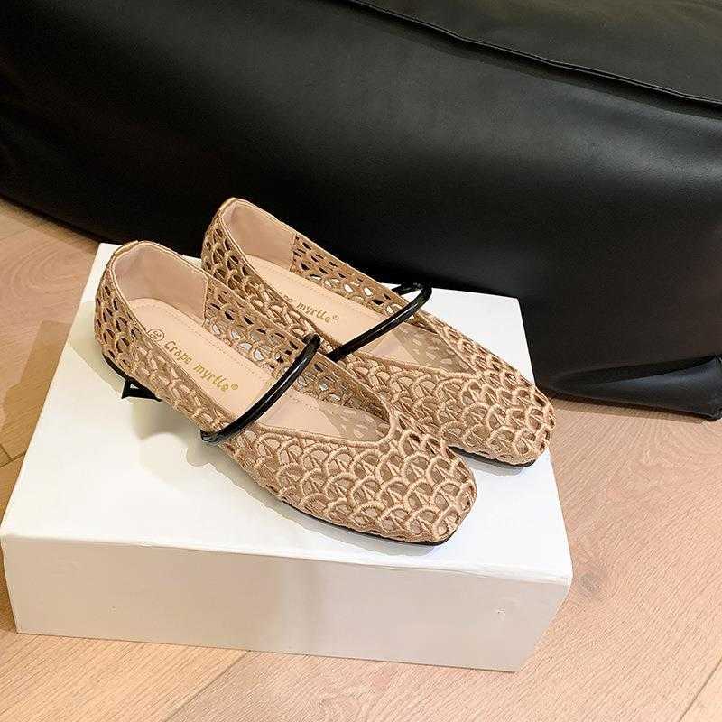 Paris Vacation French Square Toe Hollow Woven Strap Versatile Soft Surface Shallow Mouth Single Shoes For Women