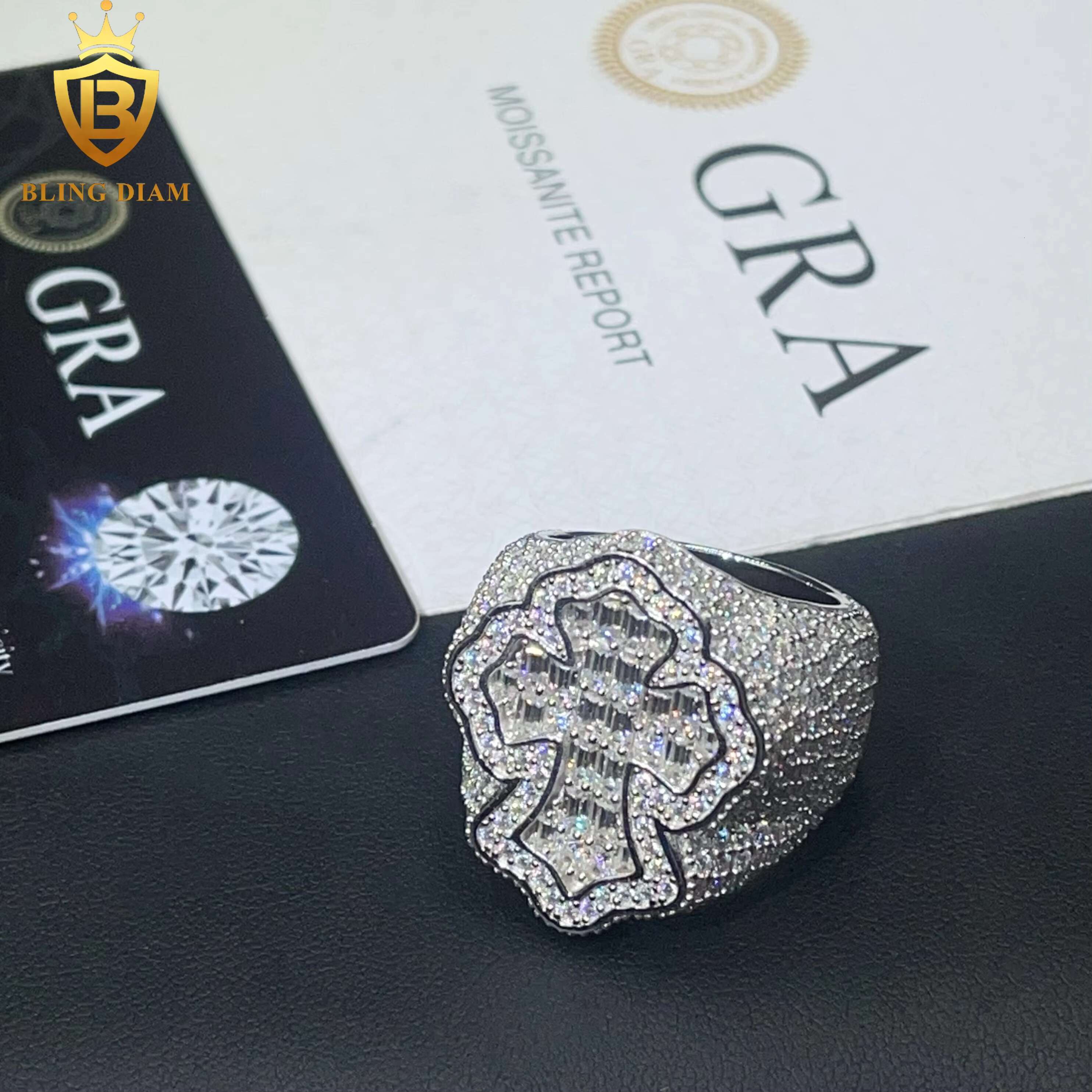 Hot Sale Hip Hop Jewelry Ring 925 Silver Ice Out VVS Moissanite Fully Diamond Mens Cross Rings