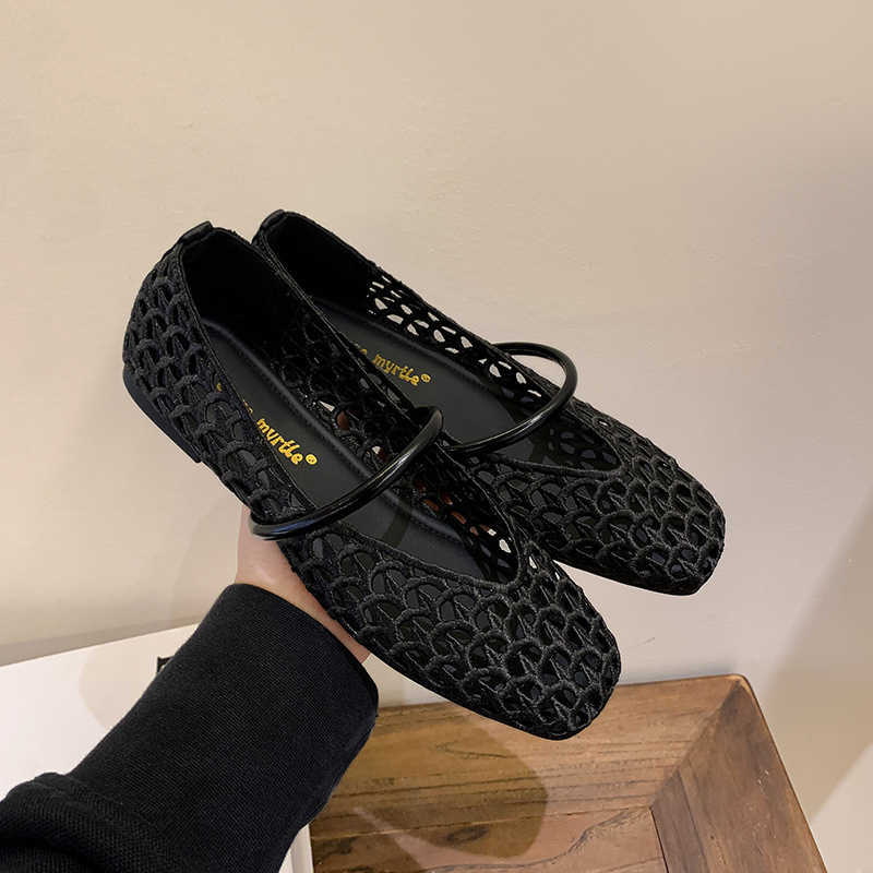 Paris Vacation French Square Toe Hollow Woven Strap Versatile Soft Surface Shallow Mouth Single Shoes For Women