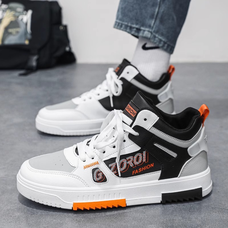 Free shipping 2025 casual shoes men sports shoes two tone fashionable high top shoes with thick soles comfort