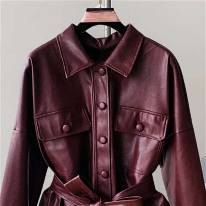 New Mid Women Faux PU With Belt Black Wine Red Casual Lapel Single-breasted Long Sleeve Fake Leather Jacket