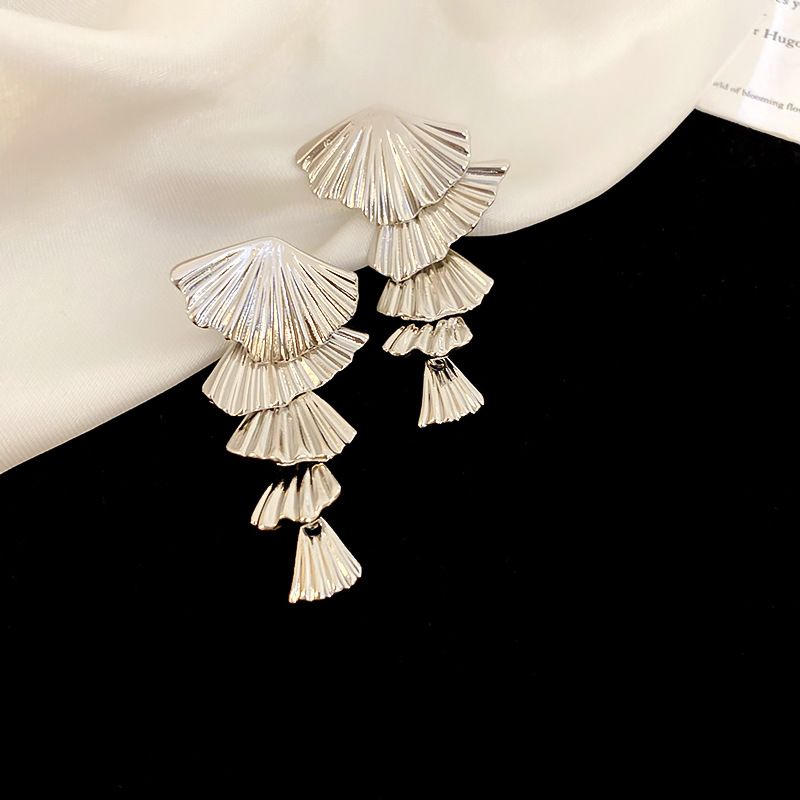 Cool Toned Metal Fan Shaped Earrings with Sterling Silver Needles Minimalist Ocean Inspired Sophisticated Ear Jewelry for Women