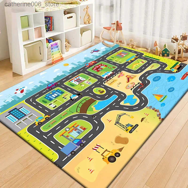 Interactive Baby Play Mat Crawling Rug with Cartoon Road Design Non Slip Floor Mat for Nursery Living Room Safe Washable Carpet y250609369Y