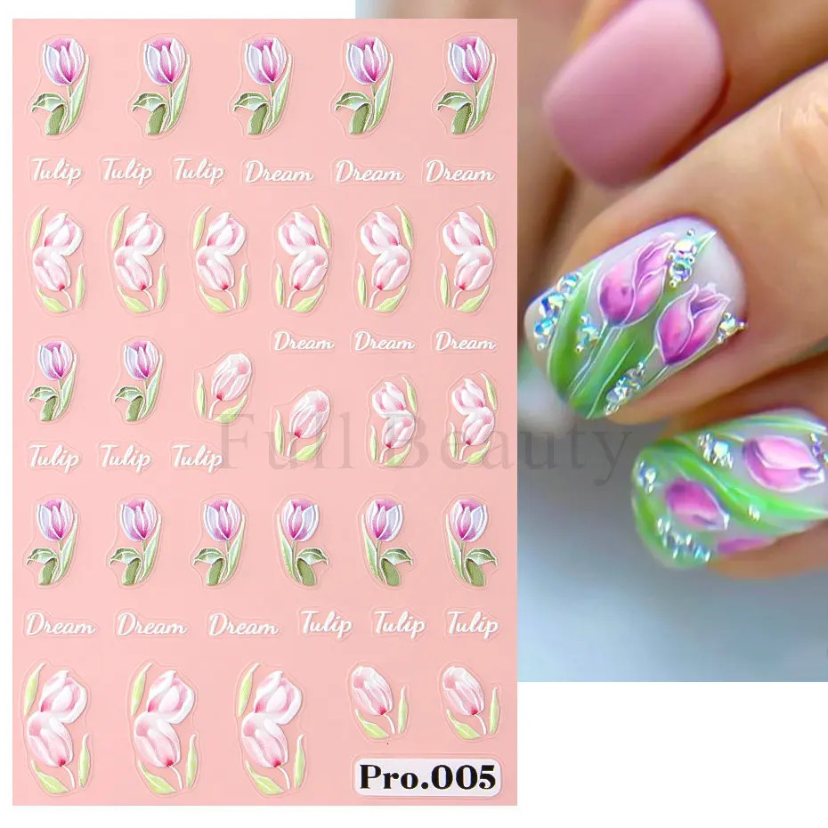 1Pcs Sakura Stickers For Nails 5D Embossed Spring Cherry Blossom Tulip Peony Flowers Petals Sliders Manicure Decoration LAPro010 250605
