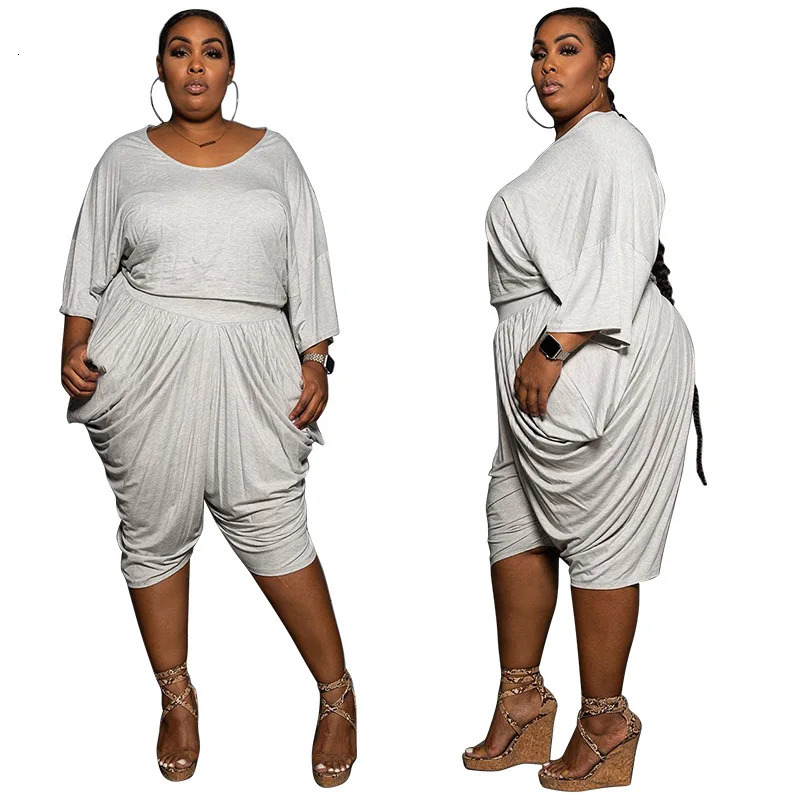 Plus Size Women Clothing Wholesale Casual Fashion Solid Loose Crop Top Stacked Wide Leg Pants Two Piece Sets Summer Drop 250530
