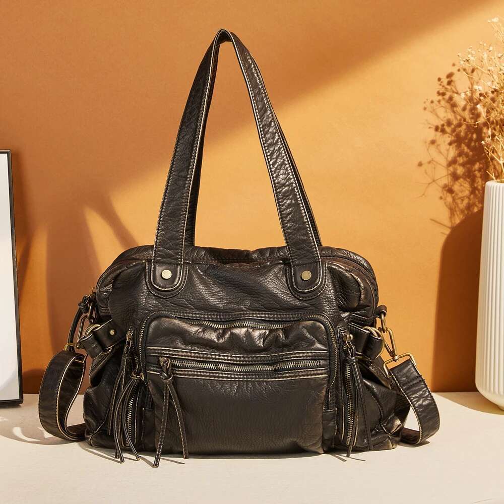 Annmouler Large Capacity Women Handbags Casual Washed Pu Leather Tote Multi-Pockets Shoulder Bag With Crossbody Strap
