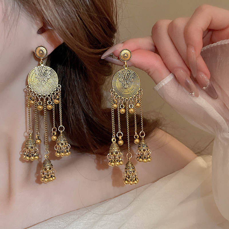 Vintage Antiqued Ethnic Inspired Circular Wind Chime Tassel Earrings Metal Textured Elegant Statement Ear Jewelry for Women