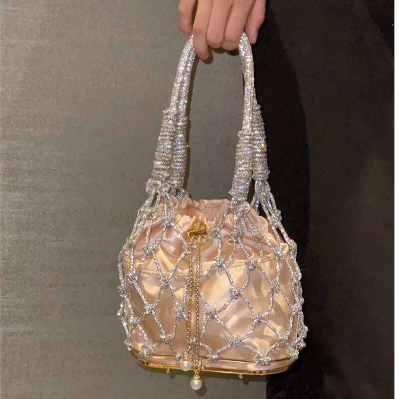 Woven Handbag Knitted Shoulder Wedding Party Clutch Purse Dia Shiny Beading Evening Crossbody Rhinestone Bag