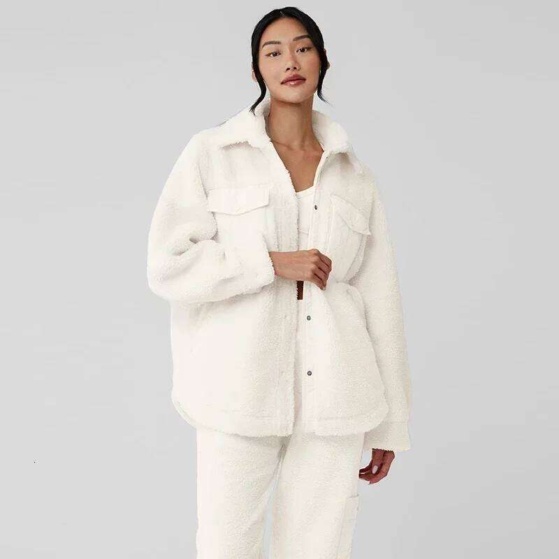 AL for women jacket Lapel shirt style Loose Casual White Fashion Coat Plush Medium long styles Pockets Jacket New