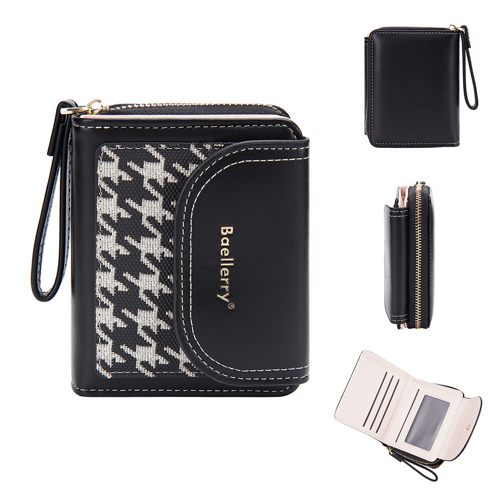 Free Shipping New Women's Short Designer Bag Wallet High-end Student Color-block Zipper Coin Purse Houndstooth PU Small Wallet Handbag