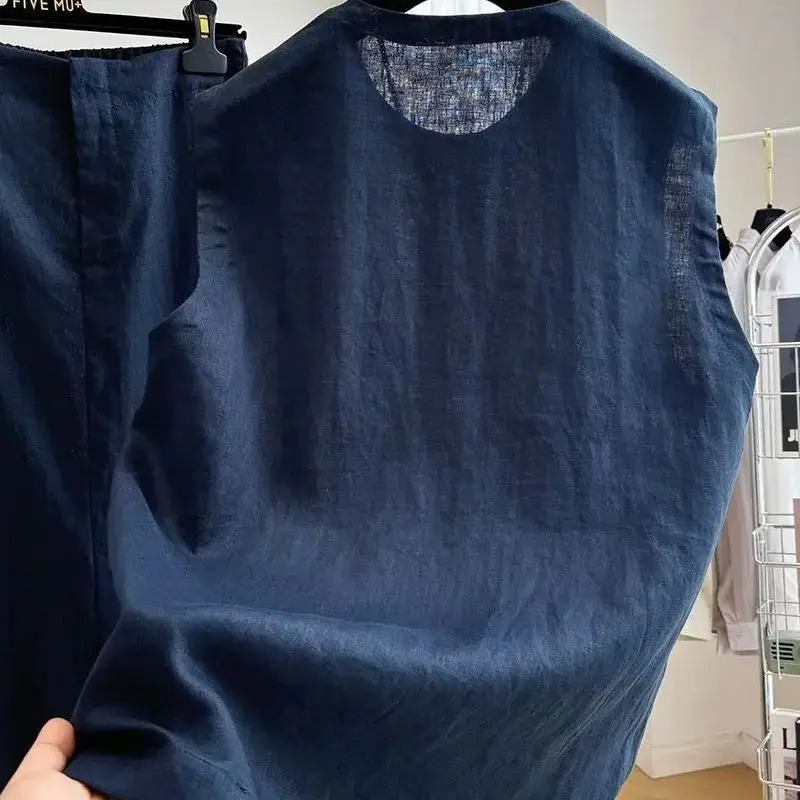 Limiguyue Summer Linen Set Fashion Pockets Sleeveless Vest Top Sense Split Midi Half Skirt Women 2 Piece Sets Casual 756P 250606