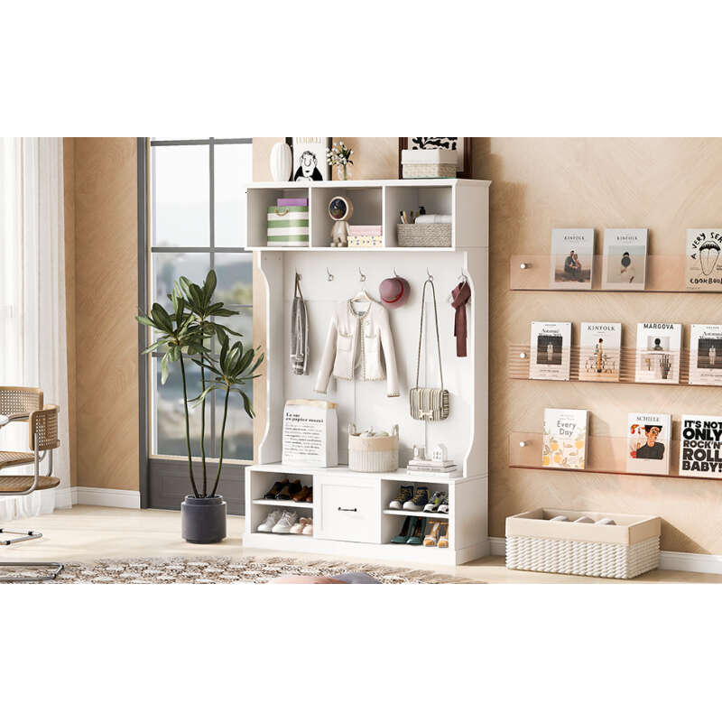 U-Can 57'' Hall Tree with 6 Hooks, Coat Hanger, Entryway Bench, 3-in-1 Design, A Spacious Drawer for Entrance, Living Room