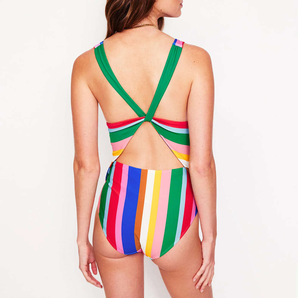 2025 Swimwear New Colorful Striped Dopamine Vacation One-Piece Swimsuit Set for Women