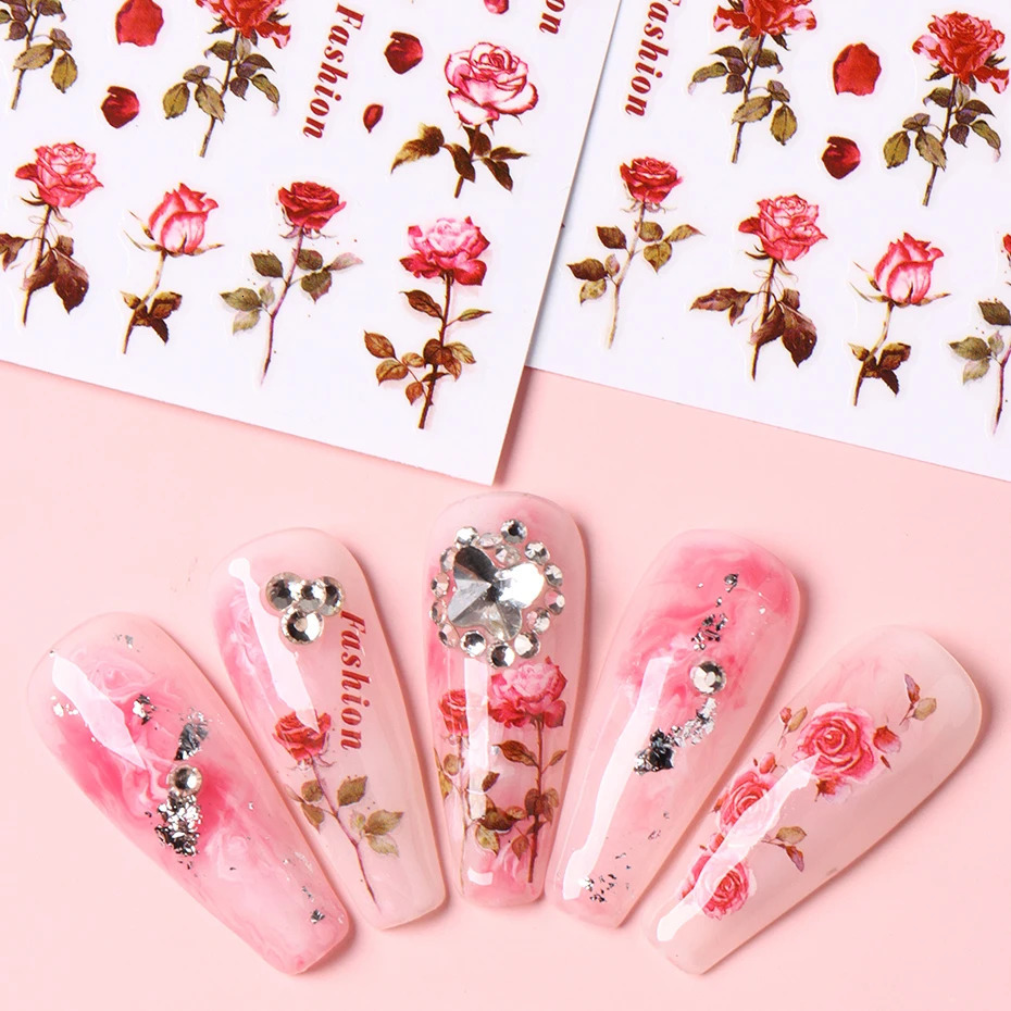 3pcs Vintage Rose Nail Art Stickers Watercolor n Romantic Floral Decals Valentine Manicure Sliders Adhesive Decor 250605