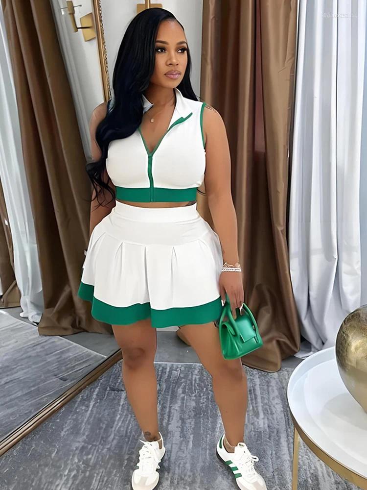 Women's Tracksuits Beyprern Cute Girls Zipper Front Crop Top And Ruffles Skirt Set Summer Two Piece Dress Sporty Tennis Active