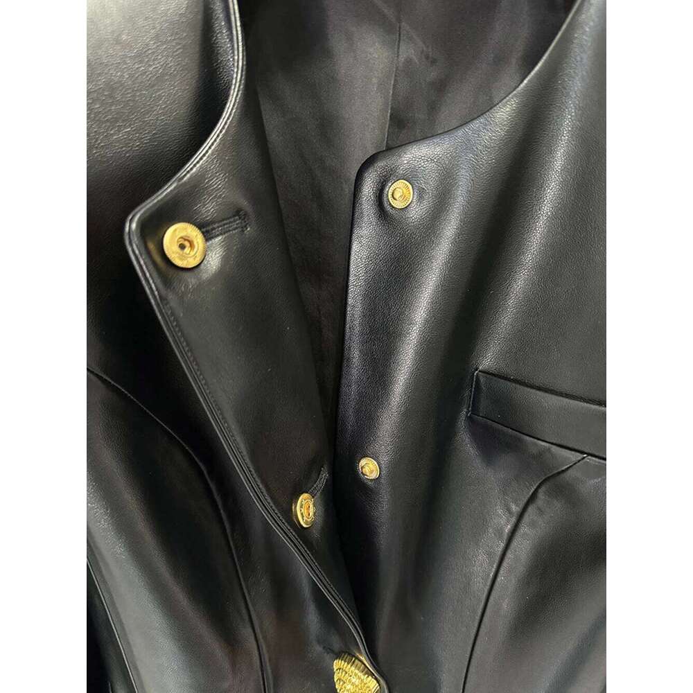 Modphy 2025 New Women'S Black Pu Leather Shiny Shrug Slim Small Suit High Quality Y2K Button Decorated Fashion Jacket