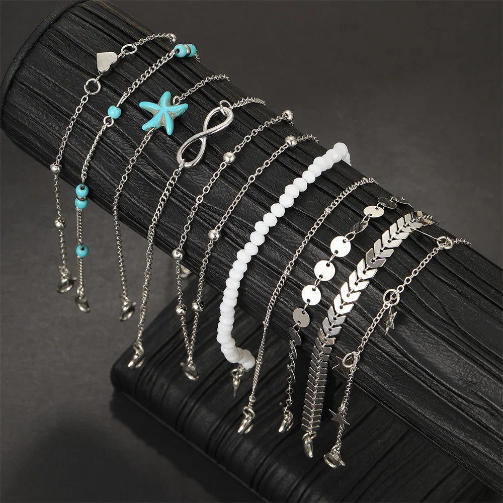11PCS Multilayers Bohemian Starfish Infinity Heart Chain Anklets Set for Women Teens Summer Beach DIY Bracelet on Leg Ankle Jewelry 250606