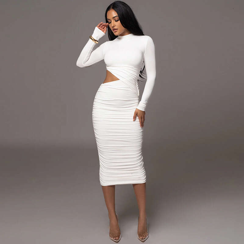 Women's Solid Color Round Neck Long Sleeve Hollow Out Pleated Patchwork Bodycon Sexy Party Dress Trendy B5