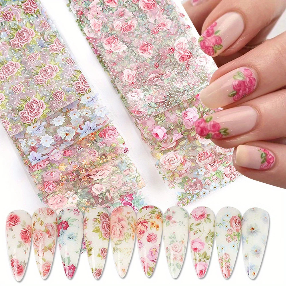 10PCS Mixed Nail Art Foils Transfer Sticker Set Rose Flower ns Floral Starry Sky Wraps Wedding Summer Manicure Decor 250605