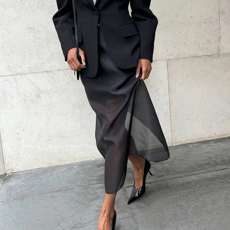 Tornova Black Mesh Skirts For Women Double-layer Sexy Perspective High Waist Slit Hip Skirt Female Thin Loose Summer 250529