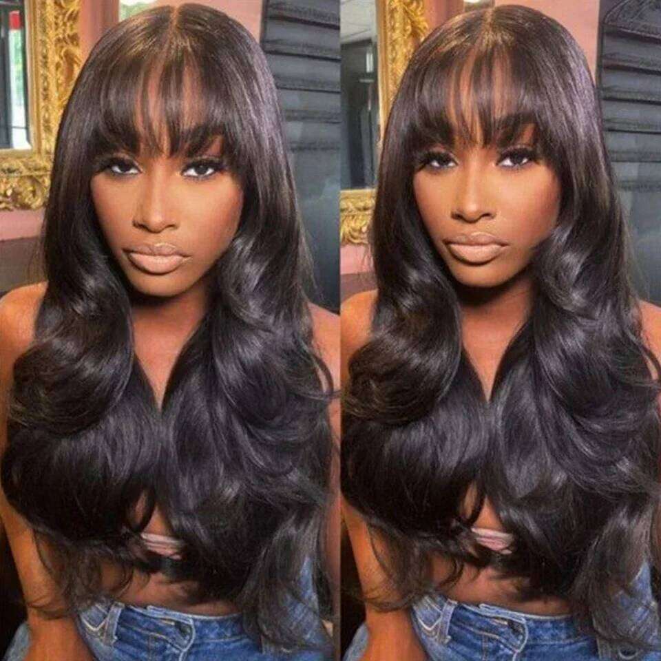 Peruvian Body Wave Lace Wig With Bangs For Women Natural Remy Fringe 22 Inches Realistic Scalp Human Hair Wigs