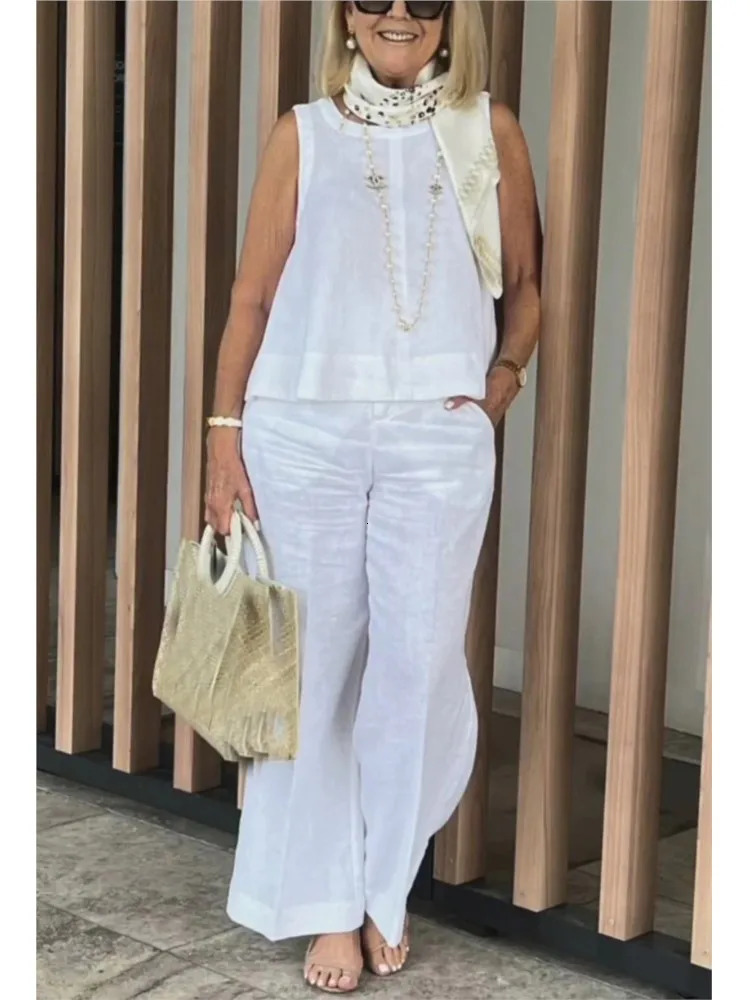 Summer Womens Cotton And Linen Suits Fashionable And Casual Sleeveless Tops Wide-leg Trousers Two-piece Set Womens Clothing 250606