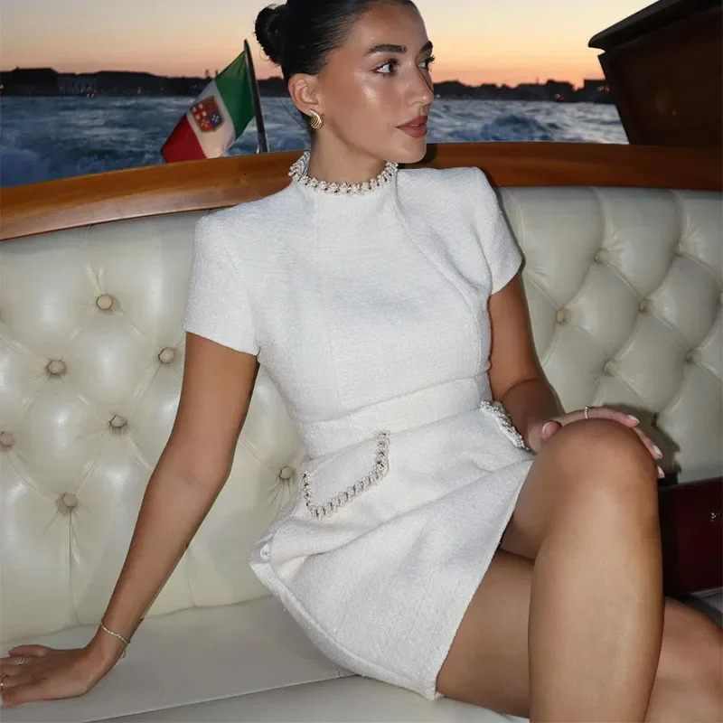 White Shoulder Pad Short Sleeve Party Dress Womens Elegant Tweed A-line O-neck Patchwork Black Evening Dresses Birthday 250603