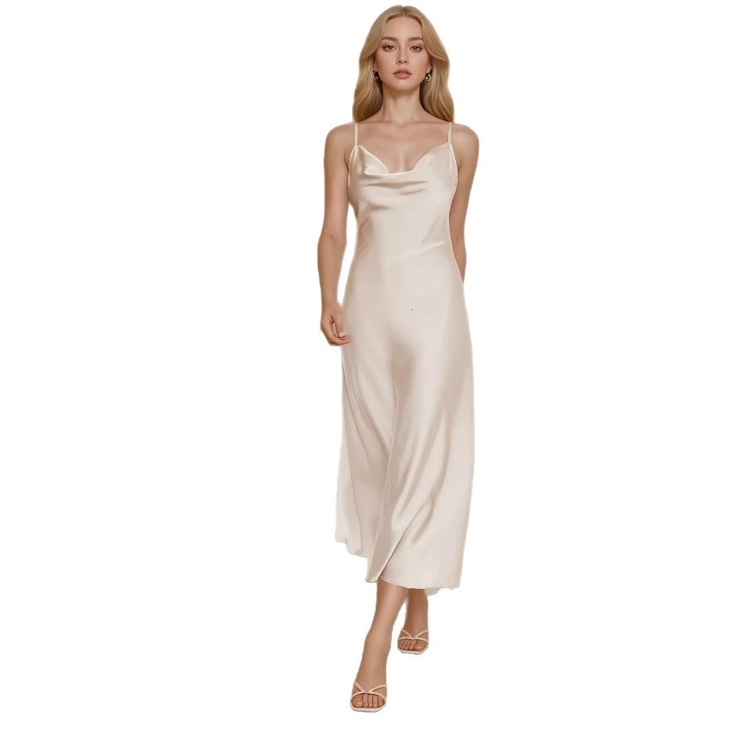 Womens New Acetate Satin Dress Sexy French Style Strap Long Dress 240627