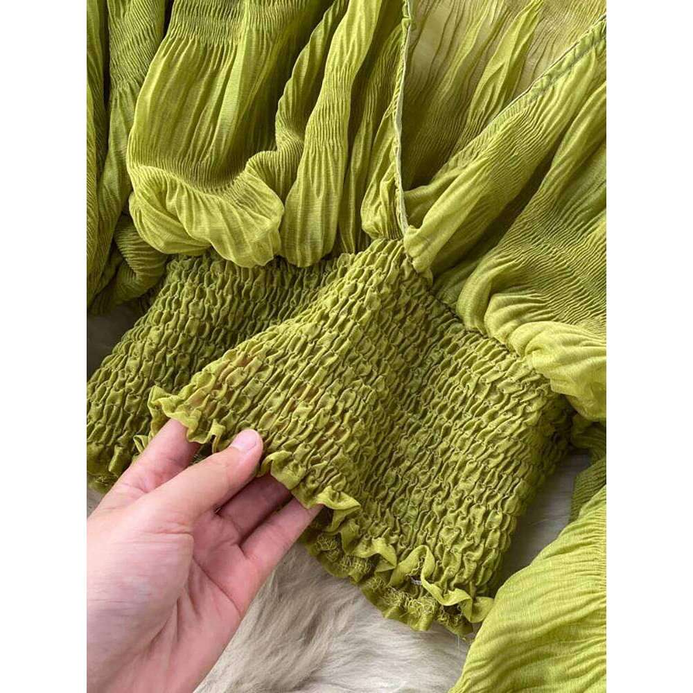 Summer Sexy Draped Chiffon Blouse For Women Elegant V-Neck Puff Long Sleeve Short Tops Female Slim Party Shirts 2022 New Fashion