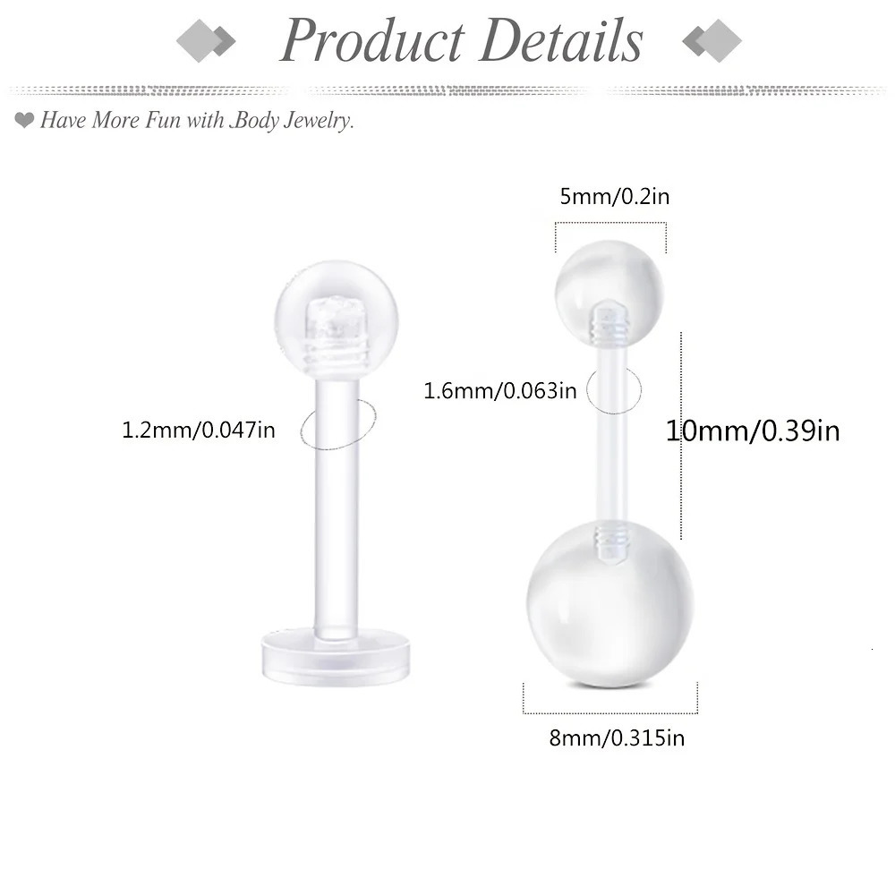 5Pcs48Pcs Clear Nose Ring Bioflex Stud Retainer Eyebrow Navel Piercing Body Jewelry Acrylic For Men and Women 250606