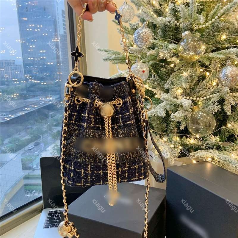 designer bag Christmas Gift Luxury Tweed Bucket Bag with Golden Beads & Ribbon - Elegant Blue & Gold Cylinder Handbag for Women, Holiday Party Evening Purse