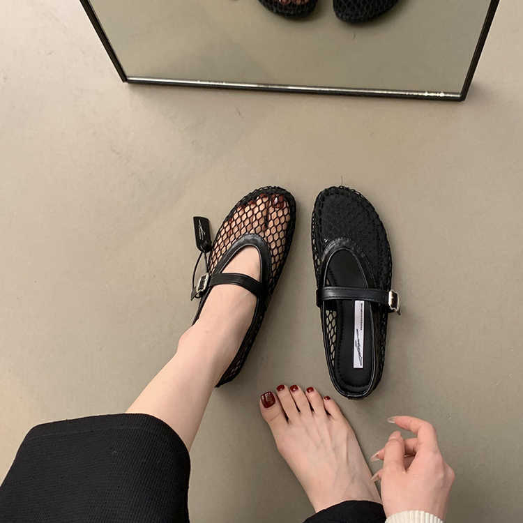 Korean Mesh Hollow Single Shoes For Women Summer New Fairy Elegant Shallow Mouth Flat Sandals Fishnet Shoes