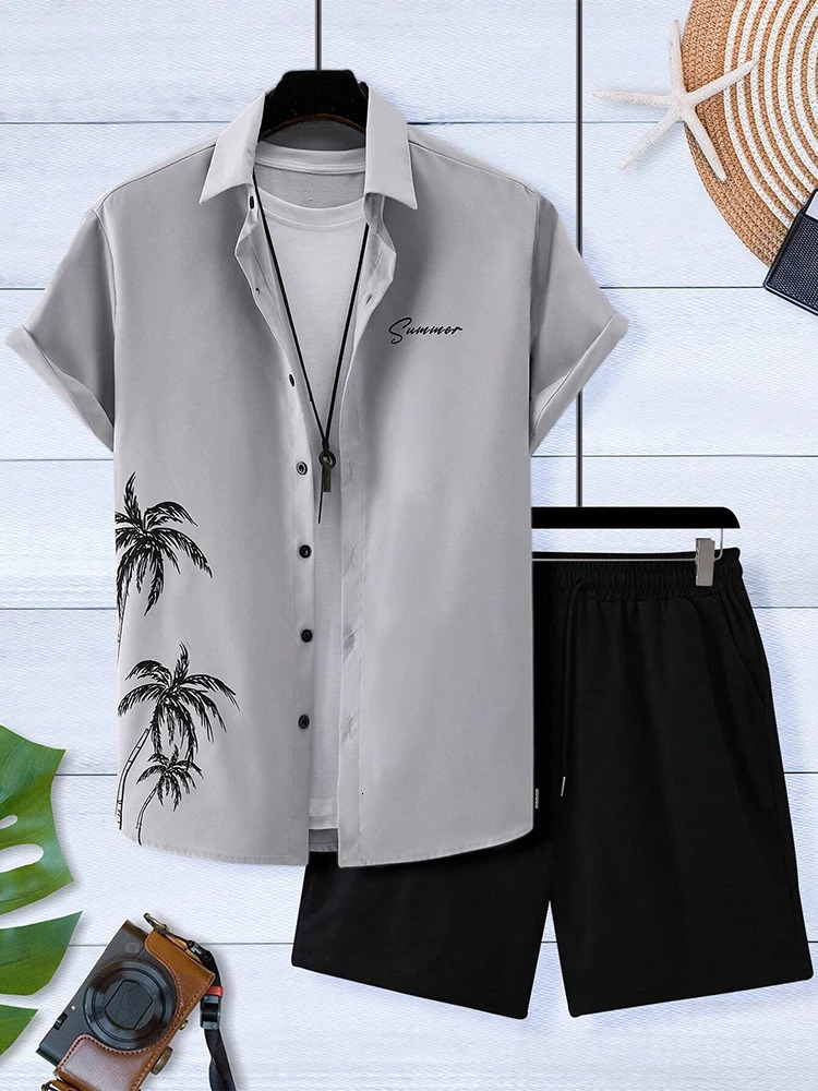 Hawaiian Print Short Sleeve Mens Shirt Summer Daily Mens Shorts Travel Vacation Casual Shirt And Beach Shorts Set 250603