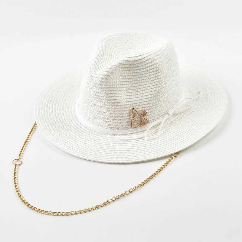 Fashionable Metal RB Letter Straw Hats for Women Men Summer Panaman Jazz Hat Outdoor Holidays Beach Sun Hat W250609