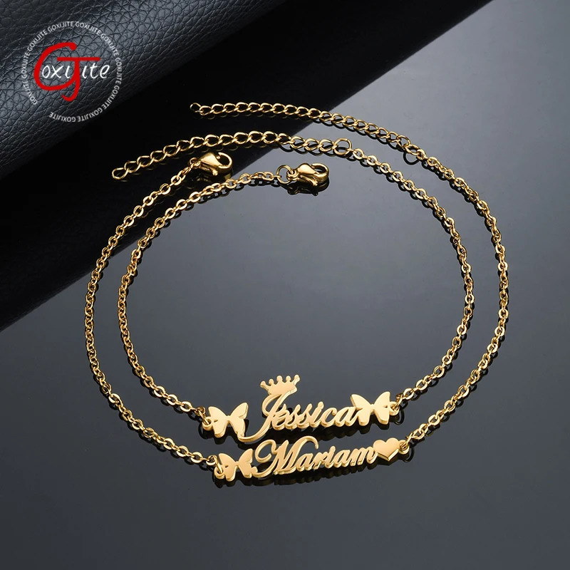 Goxijite Customized Ladies Name Anklet Stainless Steel Custom Crown Butterfly Nameplate Jewelry Worn On Ankles Gifts Wholesale 250606
