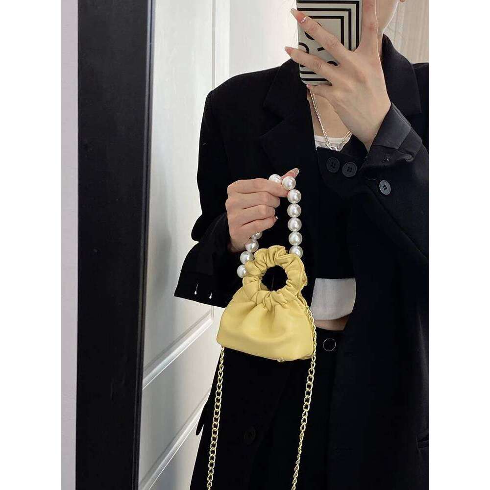 Women Mini Pleated Pearl Tote Bag Candy Color Soft Leather Chain Crossbody Bags Girl's Cute Lipstick Coin Purse