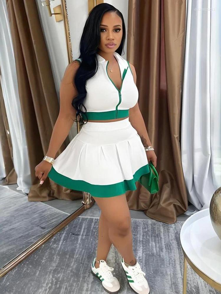 Women's Tracksuits Beyprern Cute Girls Zipper Front Crop Top And Ruffles Skirt Set Summer Two Piece Dress Sporty Tennis Active