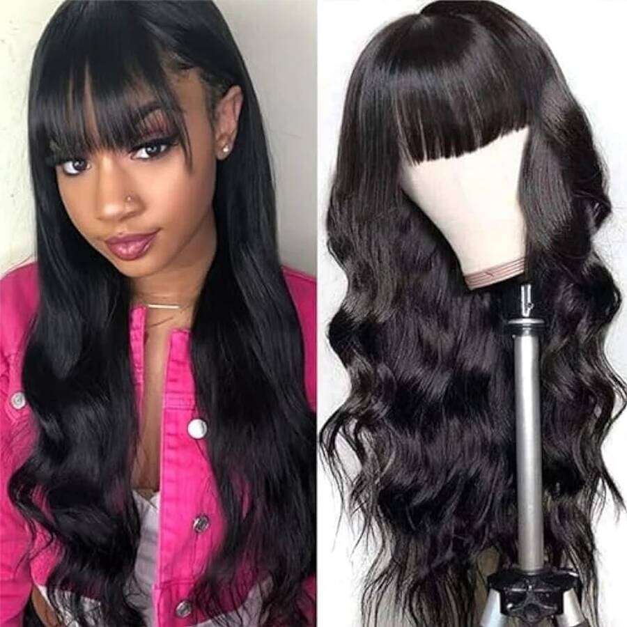 Brazilian Body Wave Long 100% Human Hair Wigs Natural Black Fringe Wig With Bangs For Women cheap wigs on Sale
