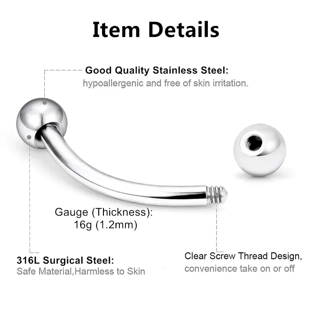 Bulk Multi Size 16G 12mm Steel Curved Barbell Eyebrow Piercing 614mm Bar m Ball Ear 250606