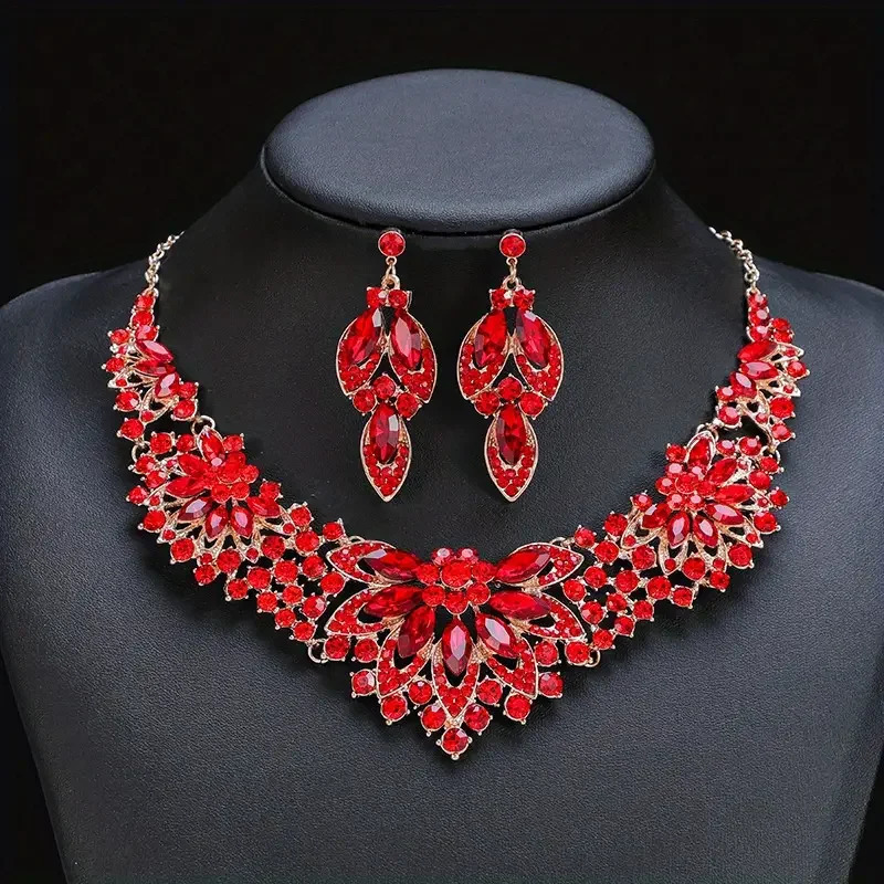 Lady 3pcs Earrings Plus Necklace Jewelry Set Inlaid Rhinestone Trendy Leaf Evening Party Decor For Female 250618