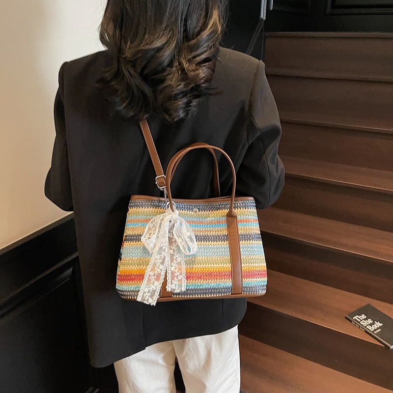 designer Large Capacity Rainbow Straw Woven Bag for Women 2025 New Summer Fashion Commuter Shoulder Bag Handheld Mother and Child Tote Bag