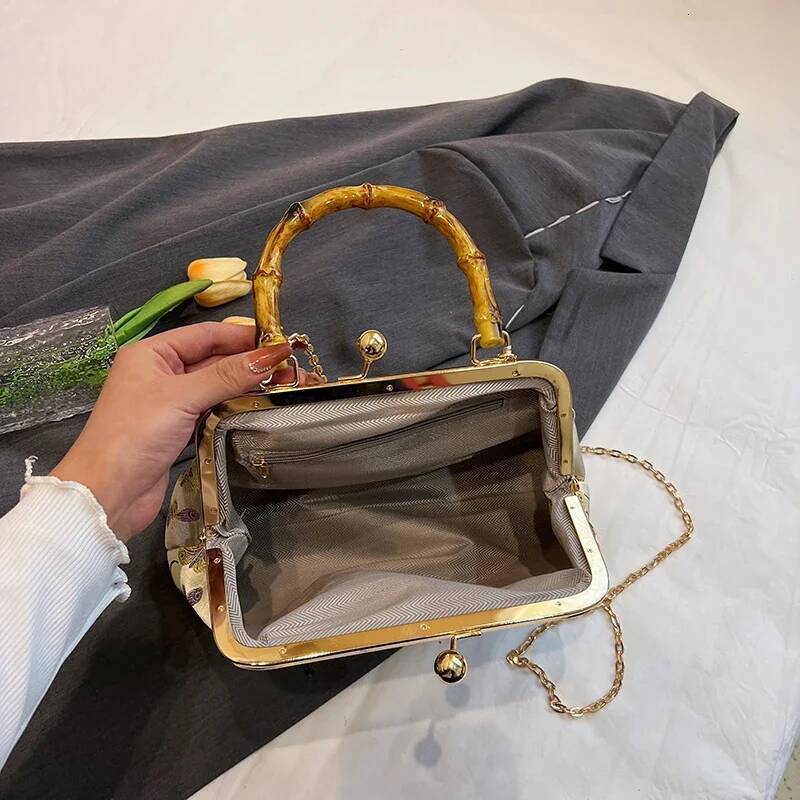 Retro Bamboo Handle Handbag Designer Embroidery Women Dumpling Satchel Fashion Nylon Crossbody Bag Lady Shoulder Bags