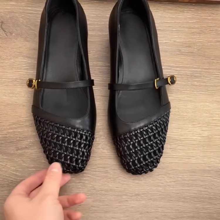 French Genuine Leather Woven Hollow Square Toe Mary Jane Shoes for Women One Strap Chunky Heel Soft Sole Commuter Versatile Flats